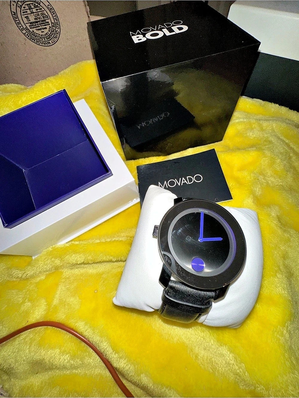 Movado Bold TR90 Black and Blue Dial Black Leather Strap Watch TR90 Black & Blue